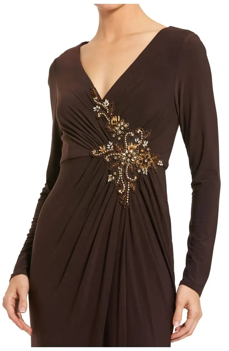 Elegant Fitted V Neck Long Sleeve Zipper Up Floor-Length Prom Dress