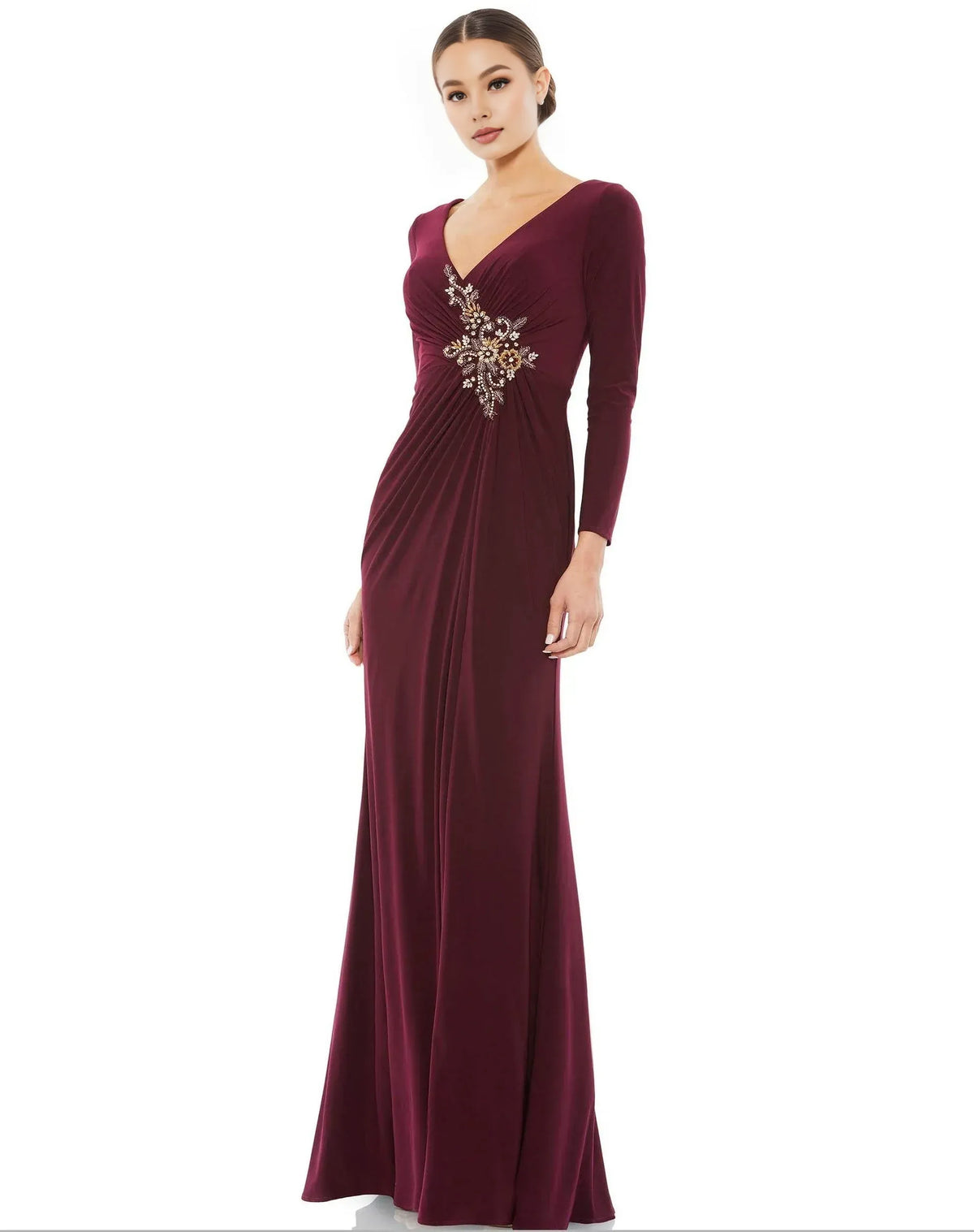 Elegant Fitted V Neck Long Sleeve Zipper Up Floor-Length Prom Dress