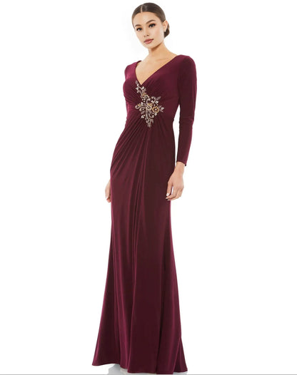 Elegant Fitted V Neck Long Sleeve Zipper Up Floor-Length Prom Dress