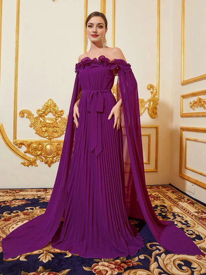 Elegant Long Evening Dresses Off Shoulder Cloak Sleeves Pleated Chiffon Dress With Flutter Sleeve/ Evening Dresses For Women