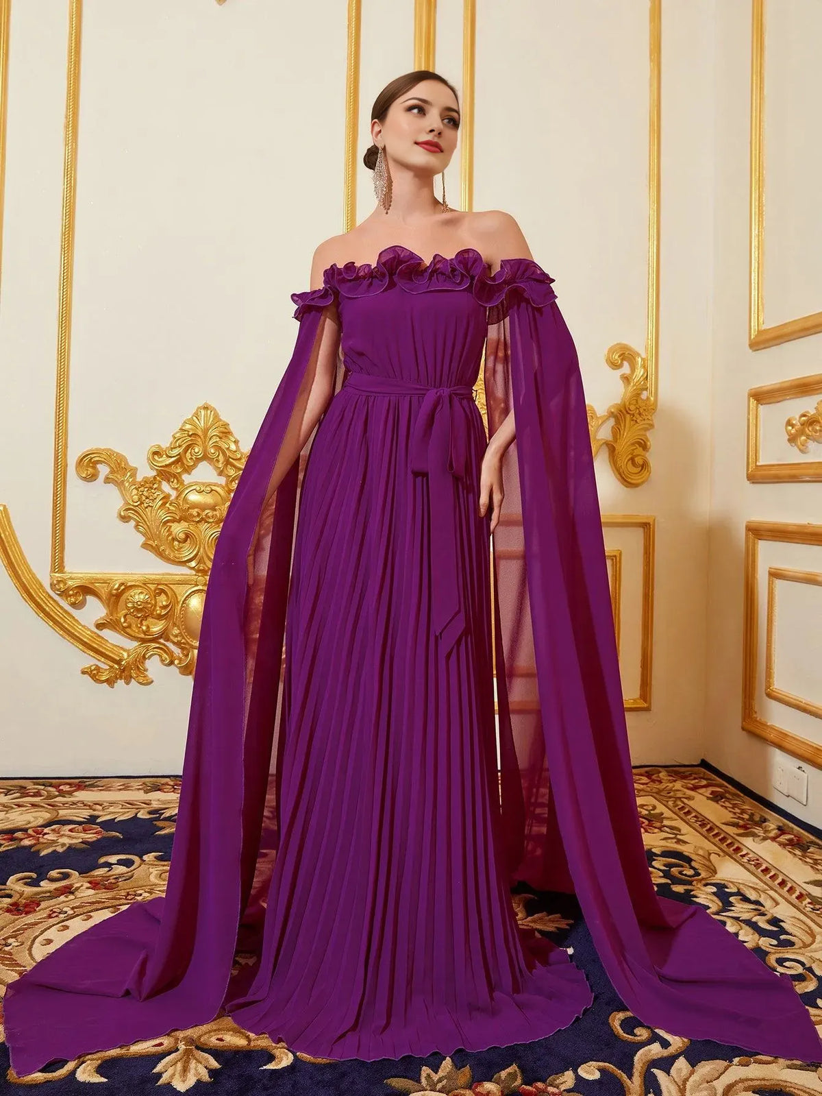 Elegant Long Evening Dresses Off Shoulder Cloak Sleeves Pleated Chiffon Dress With Flutter Sleeve/ Evening Dresses For Women