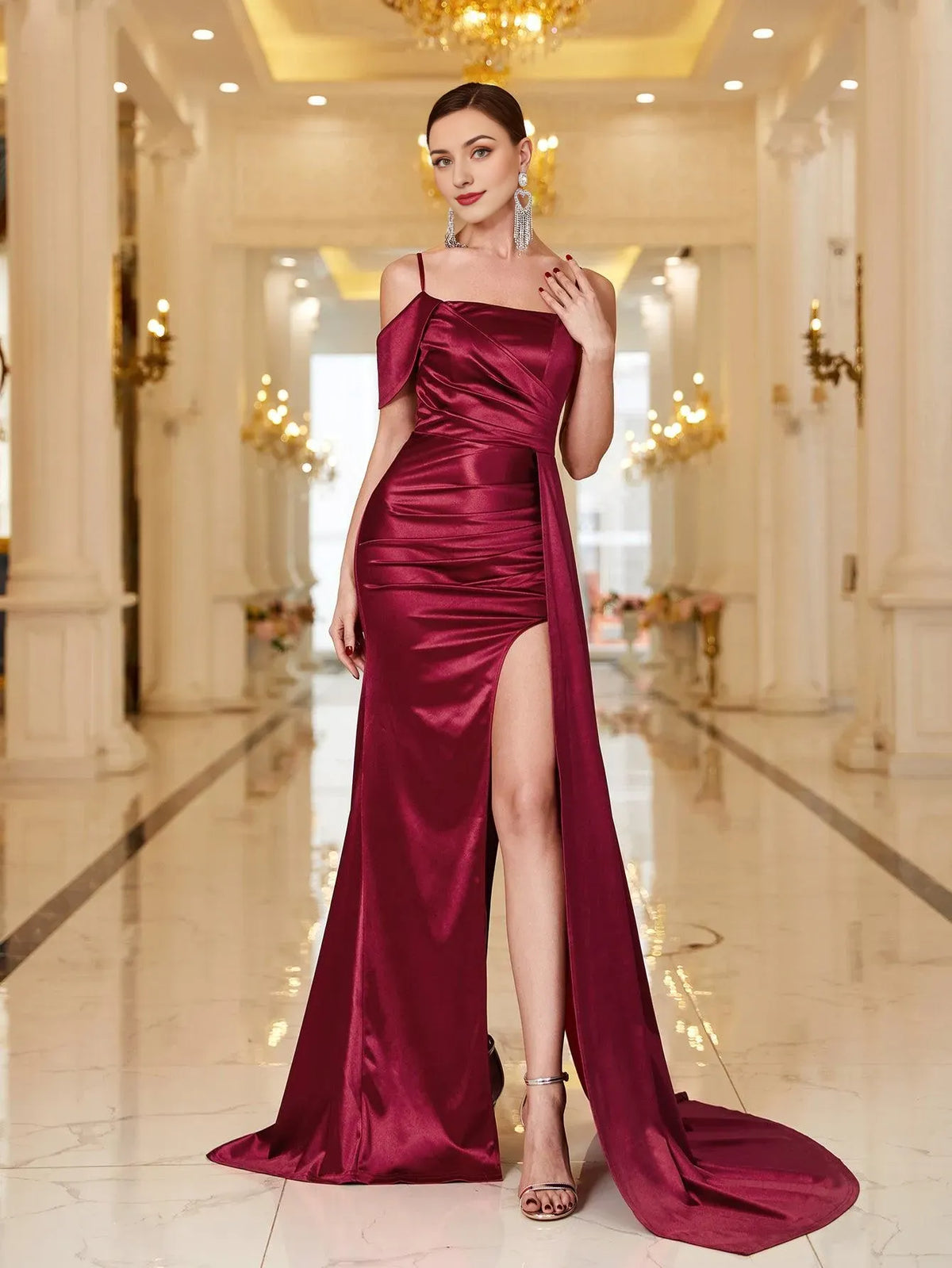 Elegant Long Evening Dresses Spaghetti Straps Satin Split Thigh Prom Dress With Open Back Sleeveless/ Evening Dresses For Women