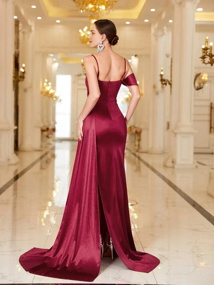 Elegant Long Evening Dresses Spaghetti Straps Satin Split Thigh Prom Dress With Open Back Sleeveless/ Evening Dresses For Women