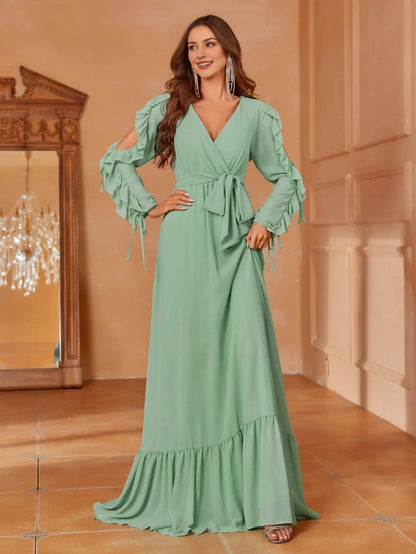 Elegant Long Evening Dresses V Neck Cascading Ruffle Maxi Chiffon Party Evening Dress With Long Sleeves/ Evening Dresses For Women