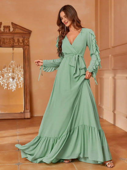 Elegant Long Evening Dresses V Neck Cascading Ruffle Maxi Chiffon Party Evening Dress With Long Sleeves/ Evening Dresses For Women