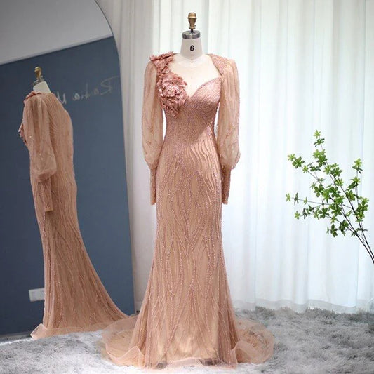 Formal Women's Dresses Luxury Rose Gold Evening Dress Elegant Long Sleeves Formal Dresses Prom Clothing