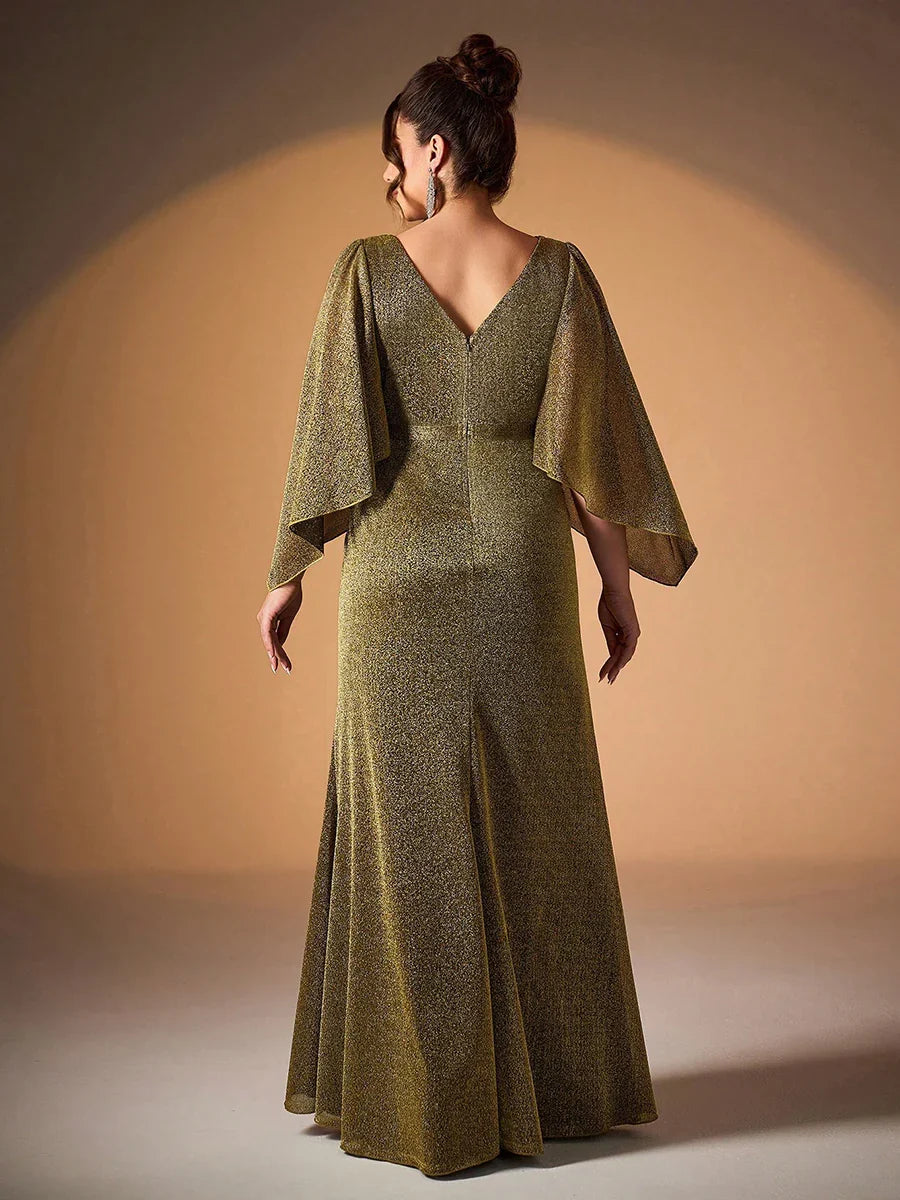 Elegant Mermaid Cowl Neck Flutter Sleeve V Back Floor-Length Plus Size Prom Dress