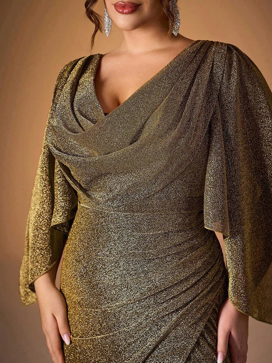 Elegant Mermaid Cowl Neck Flutter Sleeve V Back Floor-Length Plus Size Prom Dress