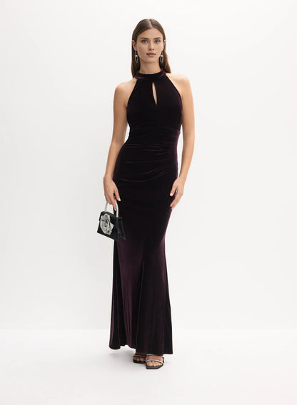 Elegant Mermaid Halter Neck Sleeveless Velvet Floor-Length Prom Dress