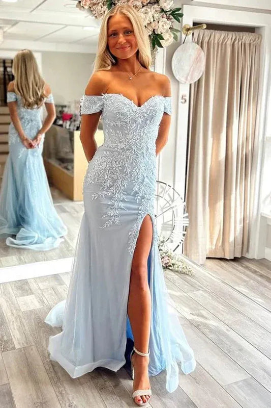 Elegant Mermaid Off-the-Shoulder Lace Appliques Tulle Slit Prom Gown
