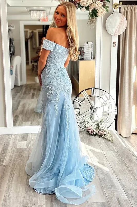 Elegant Mermaid Off-the-Shoulder Lace Appliques Tulle Slit Prom Gown
