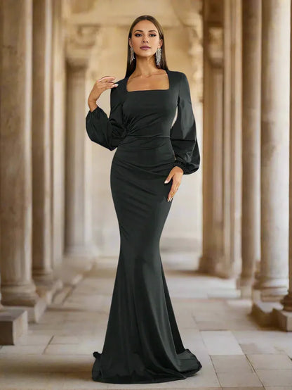 Elegant Mermaid Square Neck Bishop Sleeve Zipper Up Sweep/Brush Train Prom Dress