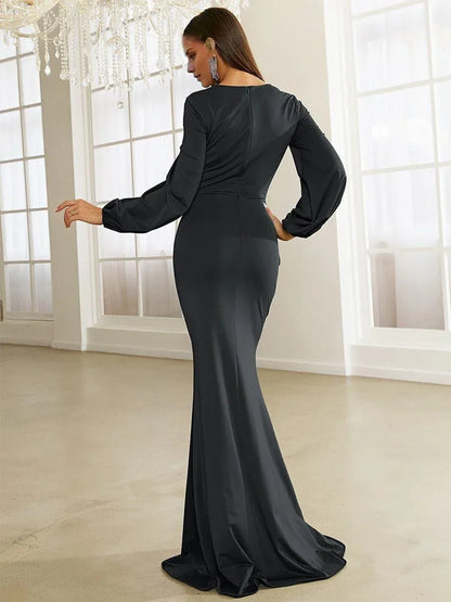 Elegant Mermaid Square Neck Bishop Sleeve Zipper Up Sweep/Brush Train Prom Dress
