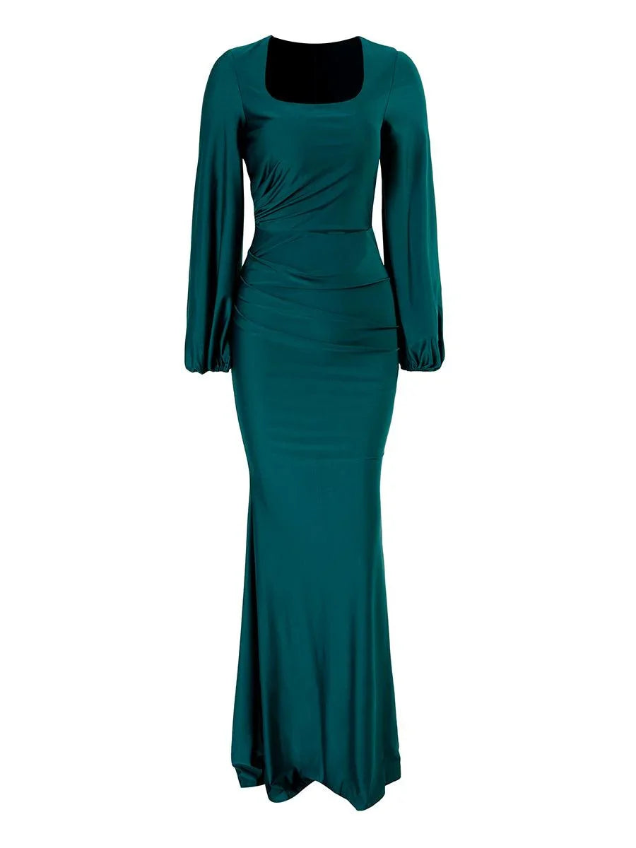 Elegant Mermaid Square Neck Bishop Sleeve Zipper Up Sweep/Brush Train Prom Dress