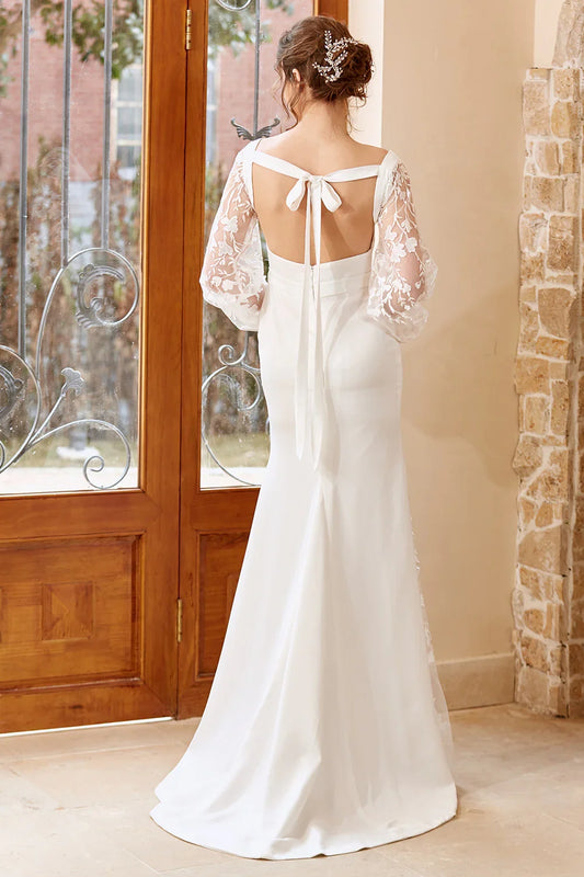 Elegant Mermaid Square Neck Long Sleeve Lace Up Sweep/Brush Train Wedding Dress
