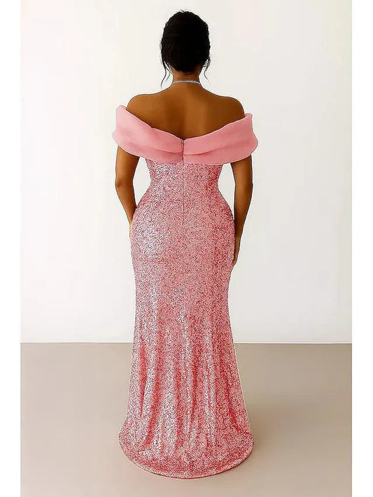 Elegant Mermaid/Trumpet Off Shoulder Sleeveless Sequins Sweep Train Prom Dress