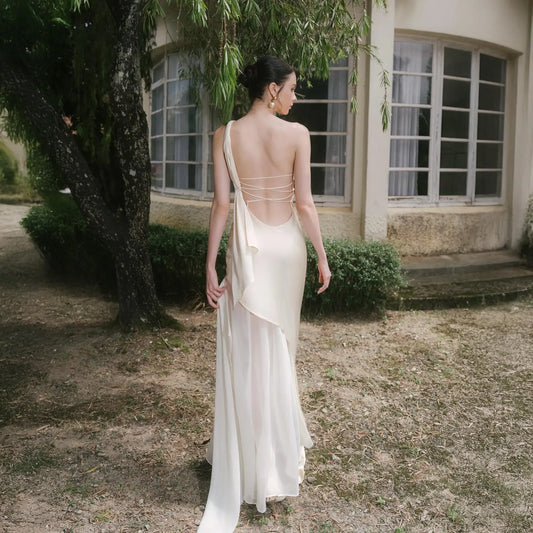 Elegant Mermaid/Trumpet One Shoulder Sleeveless Backless Satin Floor-Length Prom Dress