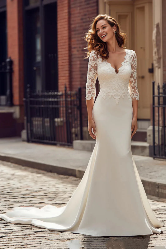 Elegant Mermaid/Trumpet V-Neck Long Sleeve Lace Sweep/Brush Train Wedding Dress