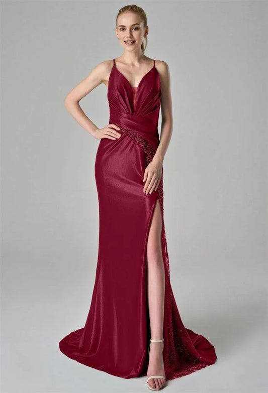 Elegant Mermaid V-Neck Floor Length Spaghetti Straps Prom Dresses Tulle Satin Sleeveless Cheap Glitter Evening Party Dresses