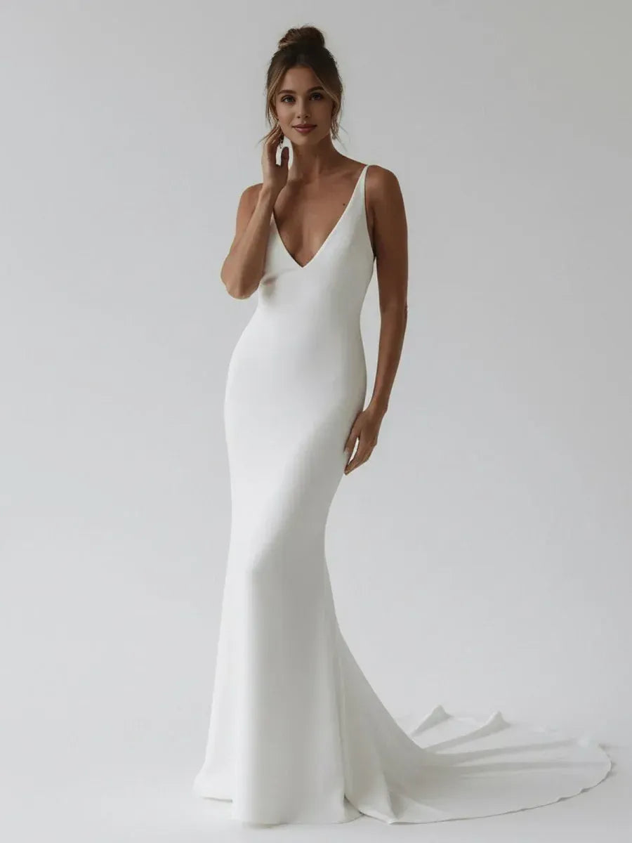 Elegant Mermaid V Neck Sleeveless Pleated Satin Sweep Train Wedding Dress