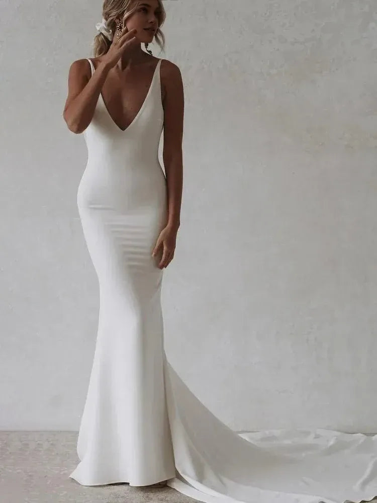 Elegant Mermaid V Neck Sleeveless Pleated Satin Sweep Train Wedding Dress