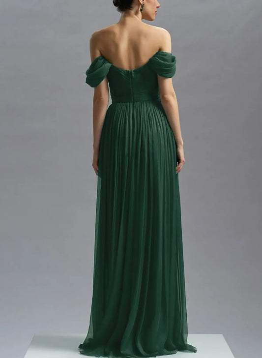 Elegant Off-The-Shoulder Sleeveless A-Line Slit Chiffon Sweep Train Prom Dress