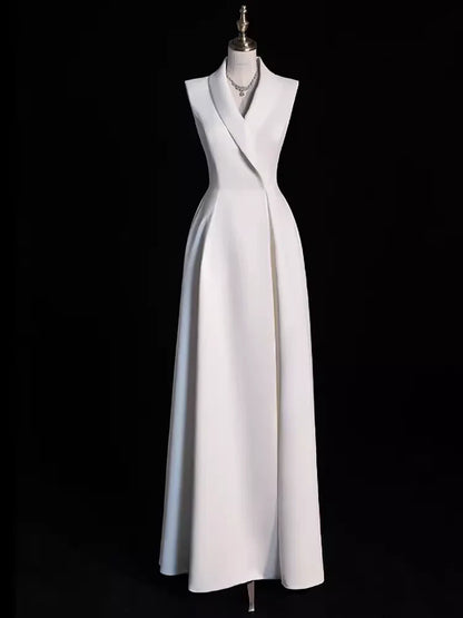 Elegant Off-the-Shoulder V Neck A line Satin Party Dresses Long Prom Dresses