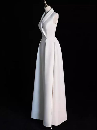 Elegant Off-the-Shoulder V Neck A line Satin Party Dresses Long Prom Dresses