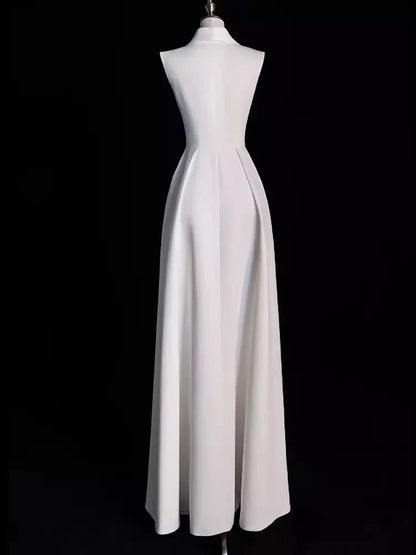 Elegant Off-the-Shoulder V Neck A line Satin Party Dresses Long Prom Dresses