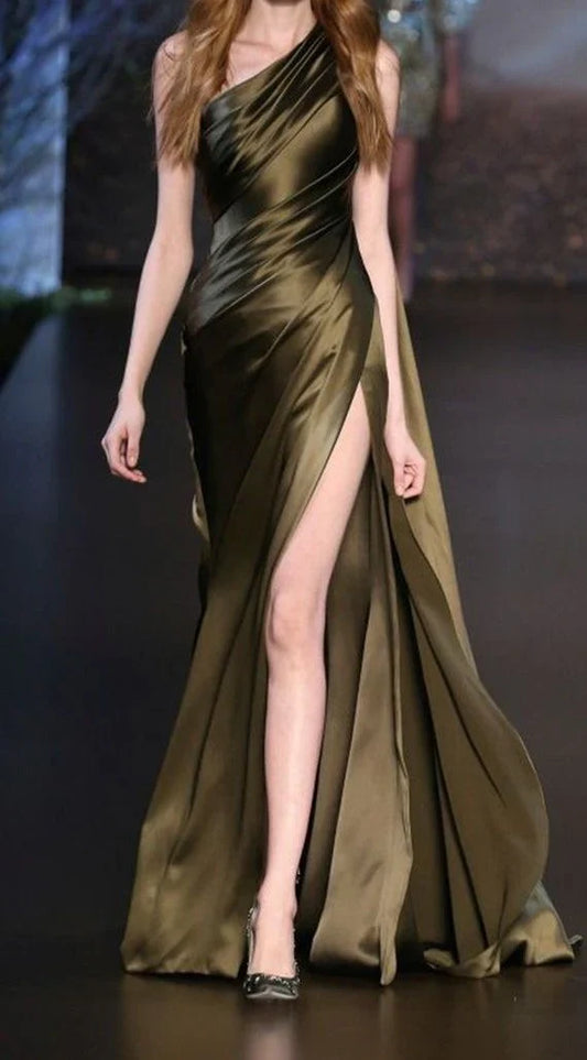 Dress Prom Dress Stores Elegant One Shoulder Satin Pleated Long Prom Dress with Split Formal Dresses