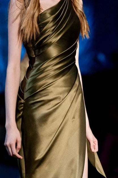 Dress Prom Dress Stores Elegant One Shoulder Satin Pleated Long Prom Dress with Split Formal Dresses