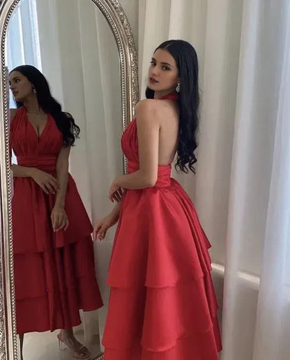 Elegant Satin Halter Backless A-Line Prom Dress Pleated Tea Length Gowns