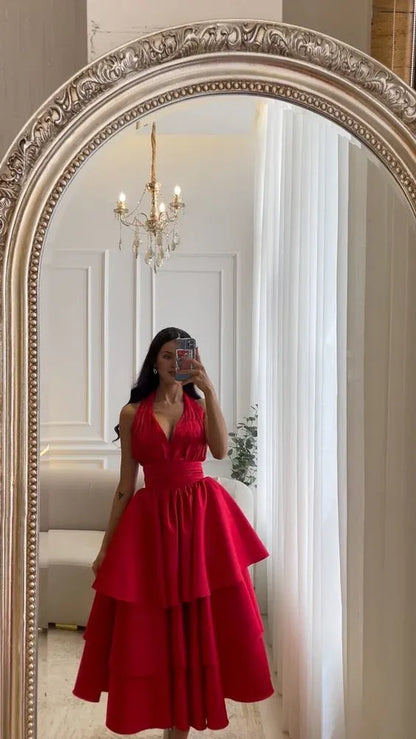 Elegant Satin Halter Backless A-Line Prom Dress Pleated Tea Length Gowns