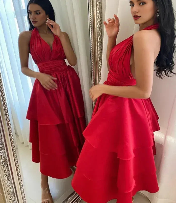 Elegant Satin Halter Backless A-Line Prom Dress Pleated Tea Length Gowns