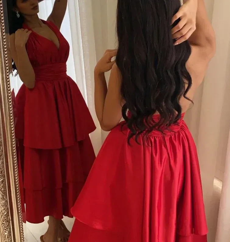 Elegant Satin Halter Backless A-Line Prom Dress Pleated Tea Length Gowns