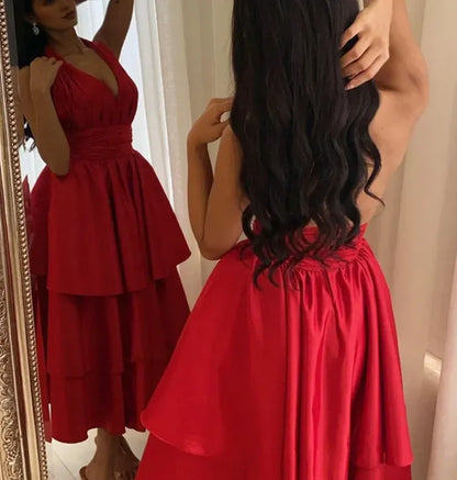 Elegant Satin Halter Backless A-Line Prom Dress Pleated Tea Length Gowns