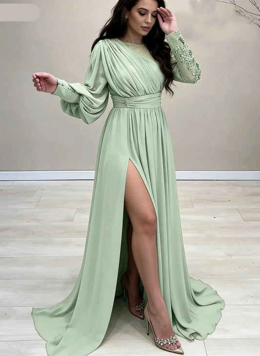 Elegant Scoop Neck Sleeveless A-Line Appliques Chiffon Long Prom Dress