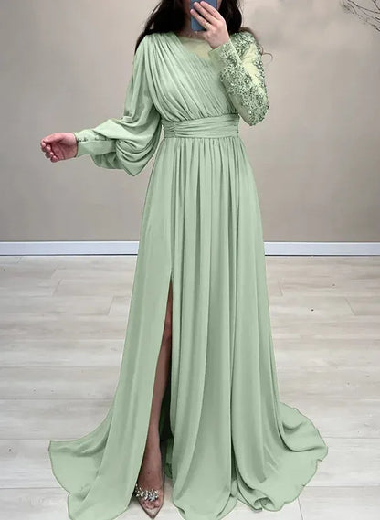Elegant Scoop Neck Sleeveless A-Line Appliques Chiffon Long Prom Dress