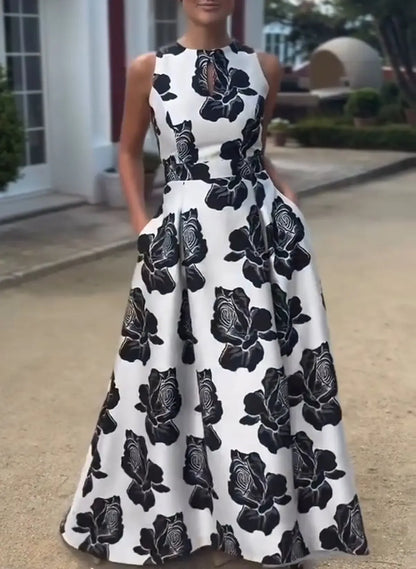 Elegant Scoop Neck Sleeveless A-Line Satin Flower Printed Long Prom Dress