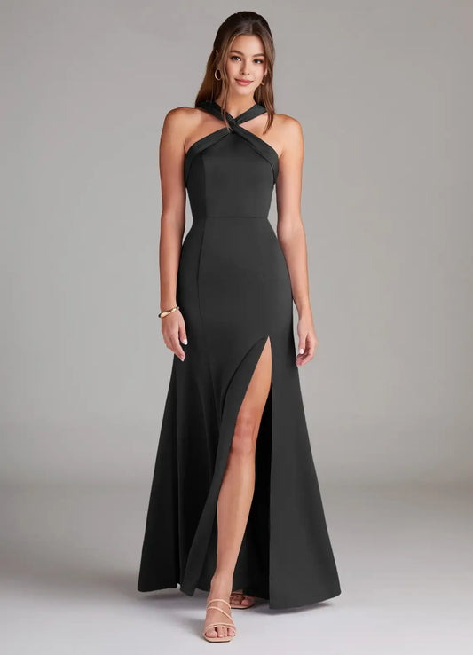 Elegant Sheat Halter Neck Sleeveless Backless Floor-Length Evening Dress