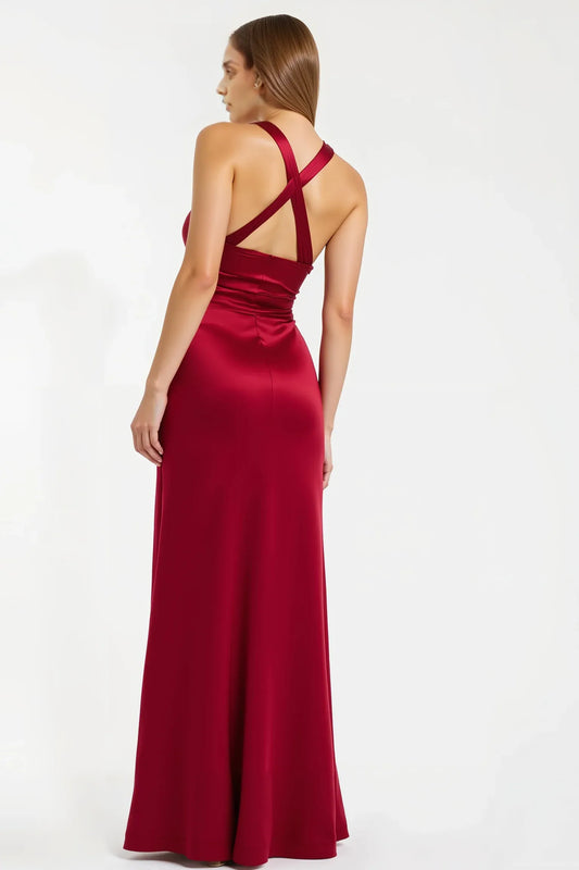 Elegant Sheath/Column Cold Shoulder Sleeveless Satin Floor-Length Prom Dress