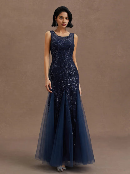 Elegant Sheath Crew Neck Sleeveless Zipper Up Floor-Length Prom Dress