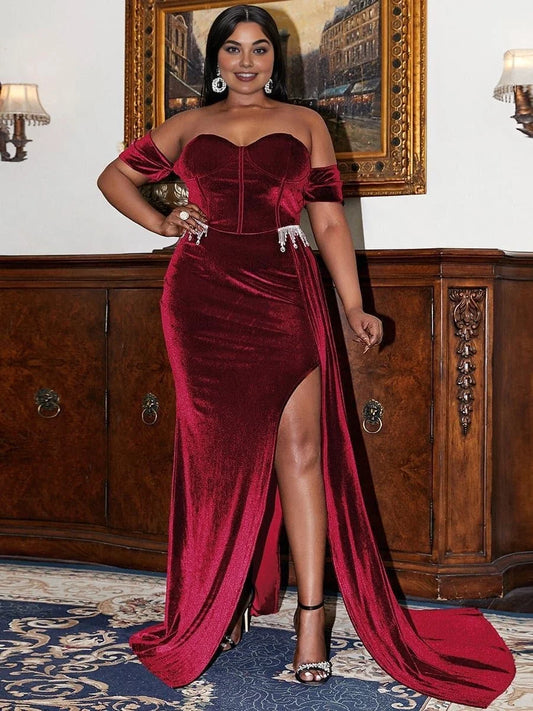 Elegant Sheath Off the Shoulder Sleeveless Backless Floor-Length Plus Size Prom Dress