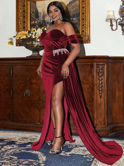 Elegant Sheath Off the Shoulder Sleeveless Backless Floor-Length Plus Size Prom Dress