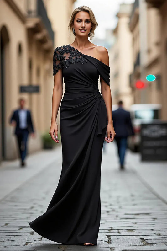 Black Beaded‑Lace Sheath One‑Shoulder Draped‑Sleeve Zipper Floor‑Length Mother Of The Bride Dress