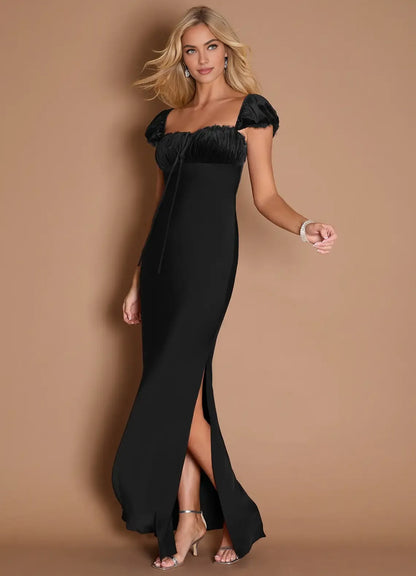 Elegant Sheath Square Neck Cap Sleeve Backless Floor-Length Evening Dress