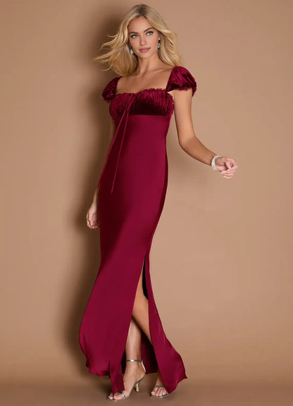 Elegant Sheath Square Neck Cap Sleeve Backless Floor-Length Evening Dress