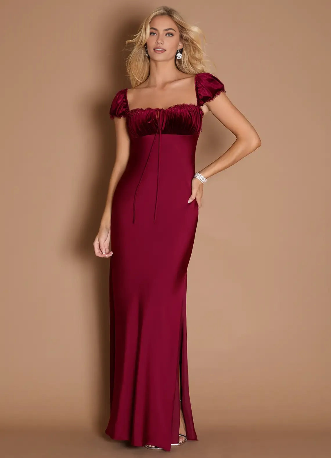 Elegant Sheath Square Neck Cap Sleeve Backless Floor-Length Evening Dress