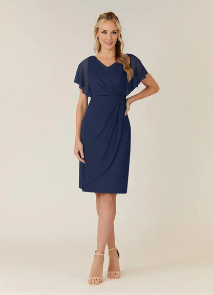 Elegant Sheath V Neck Flutter Sleeve Back Zip Knee-Length Mother of the Bride Dress