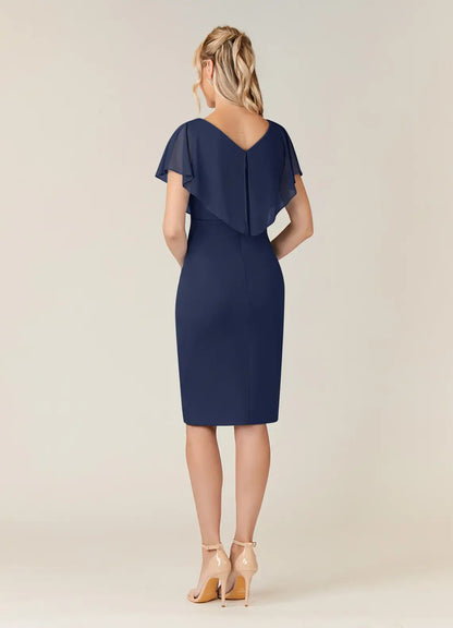 Elegant Sheath V Neck Flutter Sleeve Back Zip Knee-Length Mother of the Bride Dress